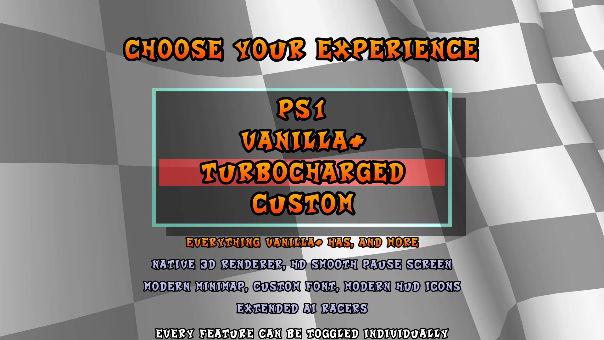 The preset picker shown on first launch: PS1, Vanilla+, Turbocharged and Custom